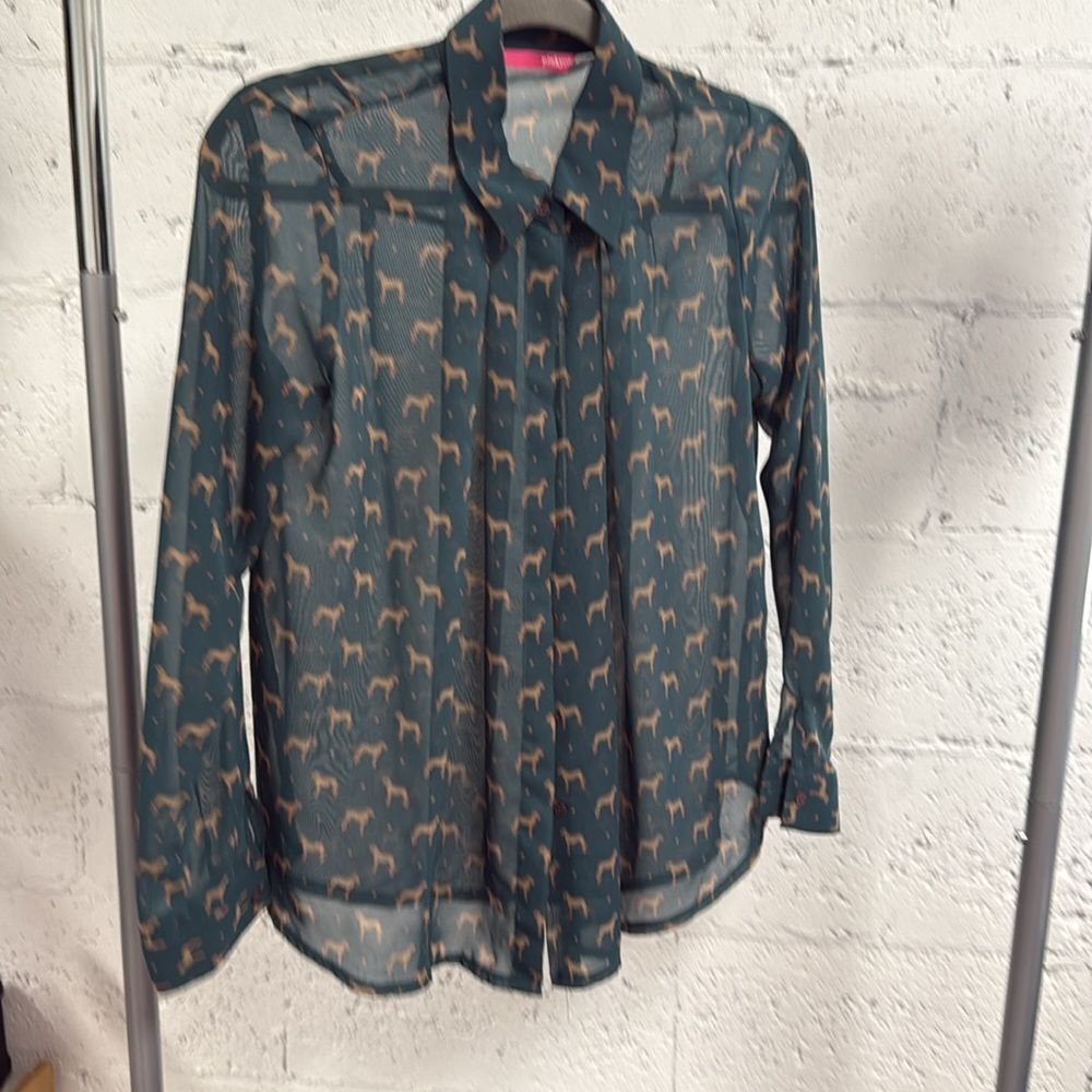 Teal Sheer Blouse Dog Print - PINKYOTTO - Size Small - Never Worn - Long Sleeve